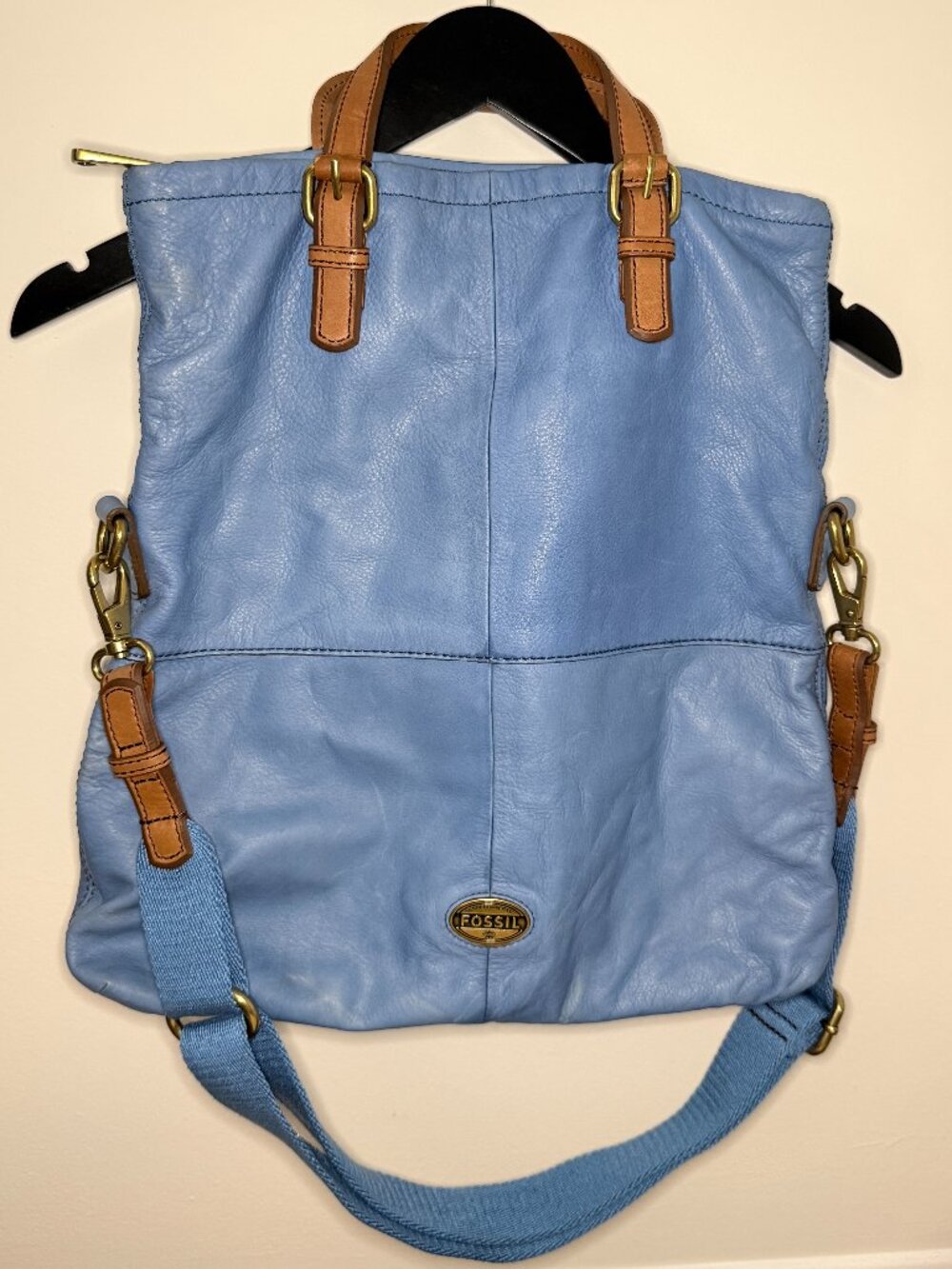 Fossil Explorer Heritage Blue Leather Fold Over Tote Crossbody Bag ZB5258